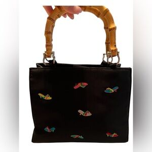 Bamboo Handle Embroidered Handbag